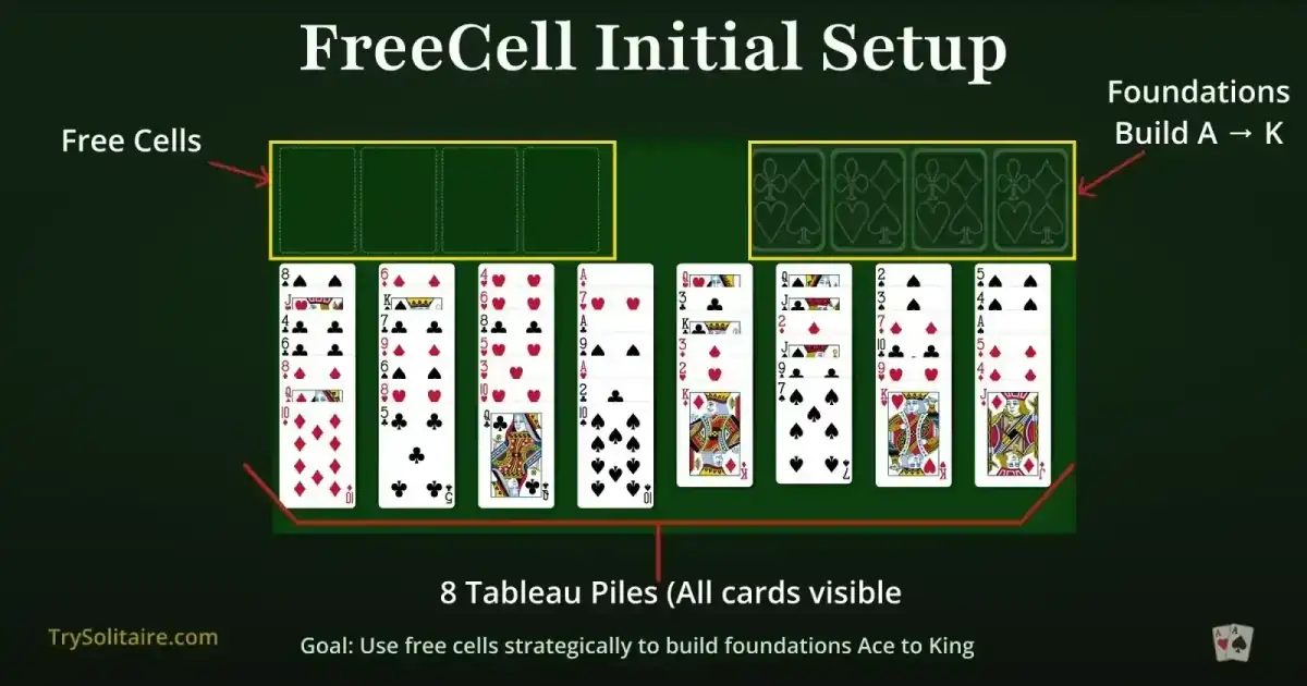 Tata letak awal FreeCell: empat sel bebas di pojok kiri atas, empat fondasi kosong di pojok kanan atas, dan delapan kolom tableau dengan semua 52 kartu terbuka