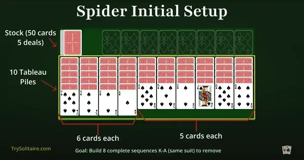 Spider Solitaire starting layout: ten tableau columns with face-down cards and one face-up card on top, stock pile bottom-right for five additional deals